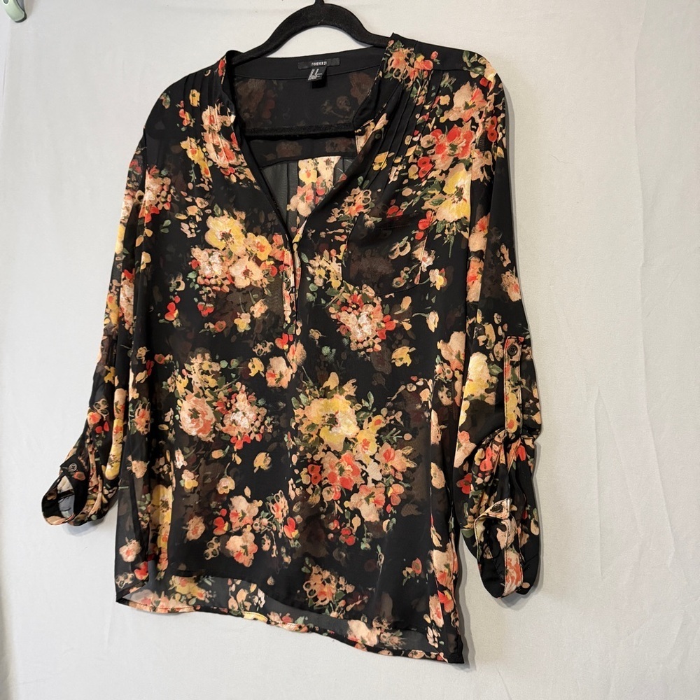 Forever 21 Womens Dark Floral Top Size Medium Sheer Forest Fairy Dark Romantic - Picture 3 of 9